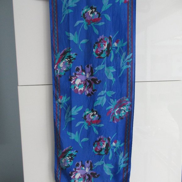 Rectangular Floral Pattern Scarf 10" x 52" Made in Italy, Blue, Purple, Black - Picture 6 of 8